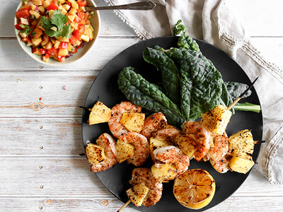 SHRIMP, PINEAPPLE AND COLORFUL SALSA SKEWERS