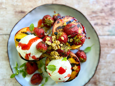 GRILLED PEACH MELBA AND STRAWBERRIES WITH GREEK YOGURT