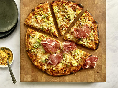 SMOKED LEEKS-GOUDA AND CARROT PESTO PIZZA