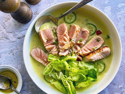 SALMON CARPACCIO IN SOUP, ORANGE, CUCUMBER