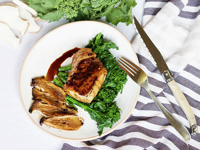 SOY-MAPLE COD, CHINESE BROCCOLI AND MUSHROOMS