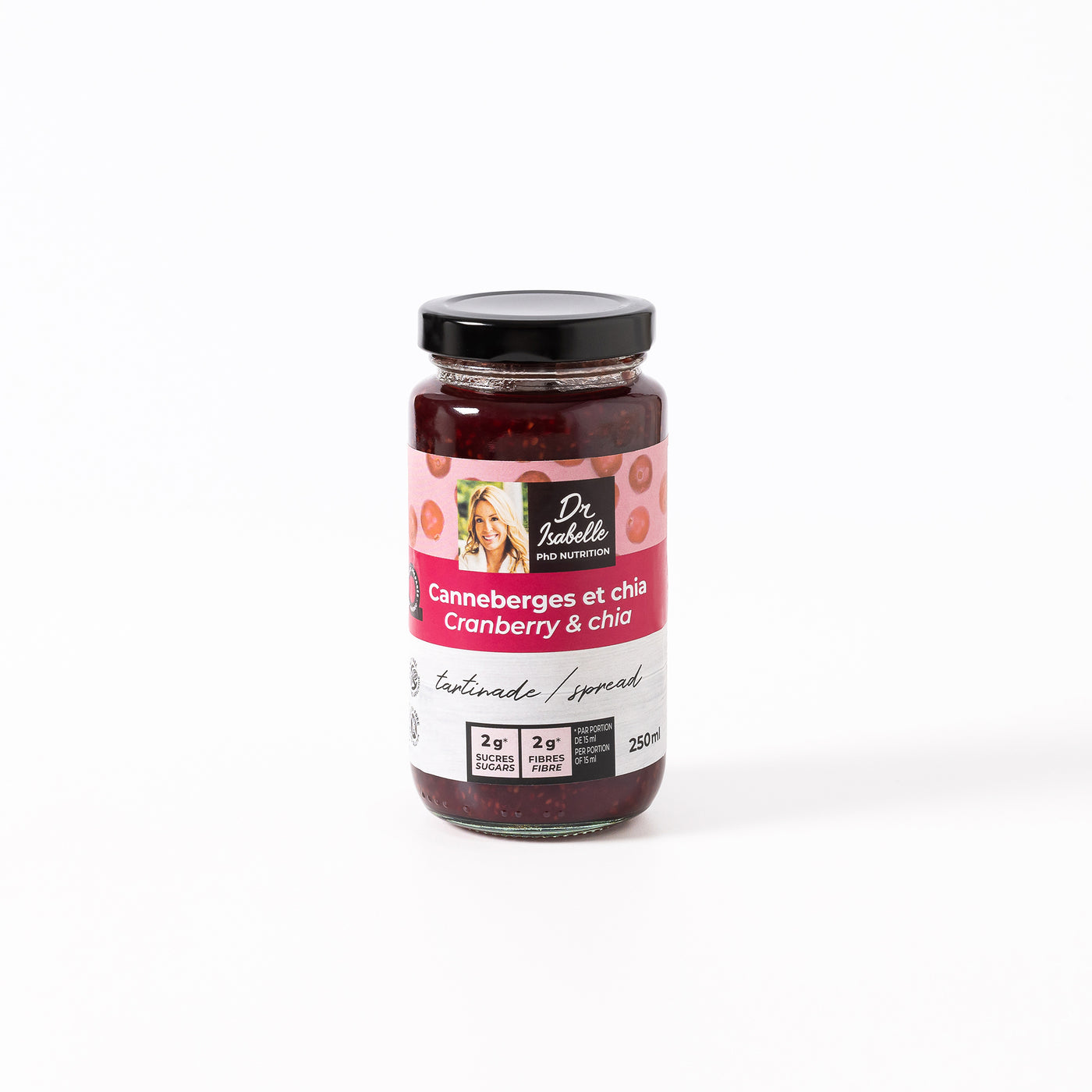 Photographie d'un mélange unique canneberges, et de graines de chia. Tartinade signée Isabelle Huot. Photograph of a unique blend of cranberies, and chia seeds. Spread signed Isabelle Huot. tartinade adaptée aux personne diabétiques, souffrant d'hypercholestérolémie et d'hypertension artérielle