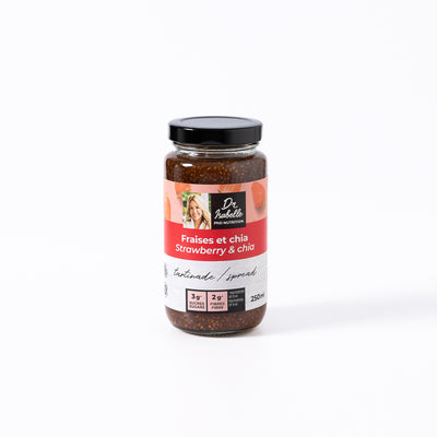 Photographie d'un mélange unique de fraises, et de graines de chia. Tartinade sans gluten, sans conservateurs, signée Isabelle Huot. Photograph of a unique blend of strawberries, and chia seeds. Gluten free, food coloring free spread signed Isabelle Huot. tartinade adaptée aux personne diabétiques, souffrant d'hypercholestérolémie et d'hypertension artérielle