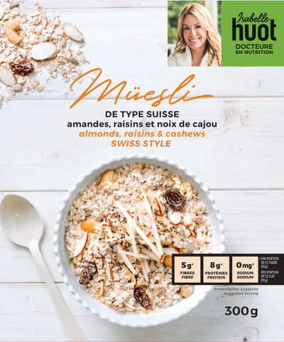 Photographie de l'emballage du Müesli de type Suisse d'Isabelle Huot. Amandes, raison et noix de cajou sont les ingrédients principaux. Photograph of the swiss style Müesli with almonds, raisins and cashews.