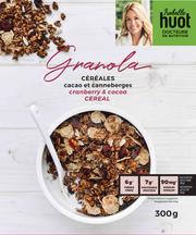 Photo de l'emballage du granola cacaeo et canneberges d'Isabelle HUOT. Photograph of the coca and cranberries cereal of Isabelle Huot.