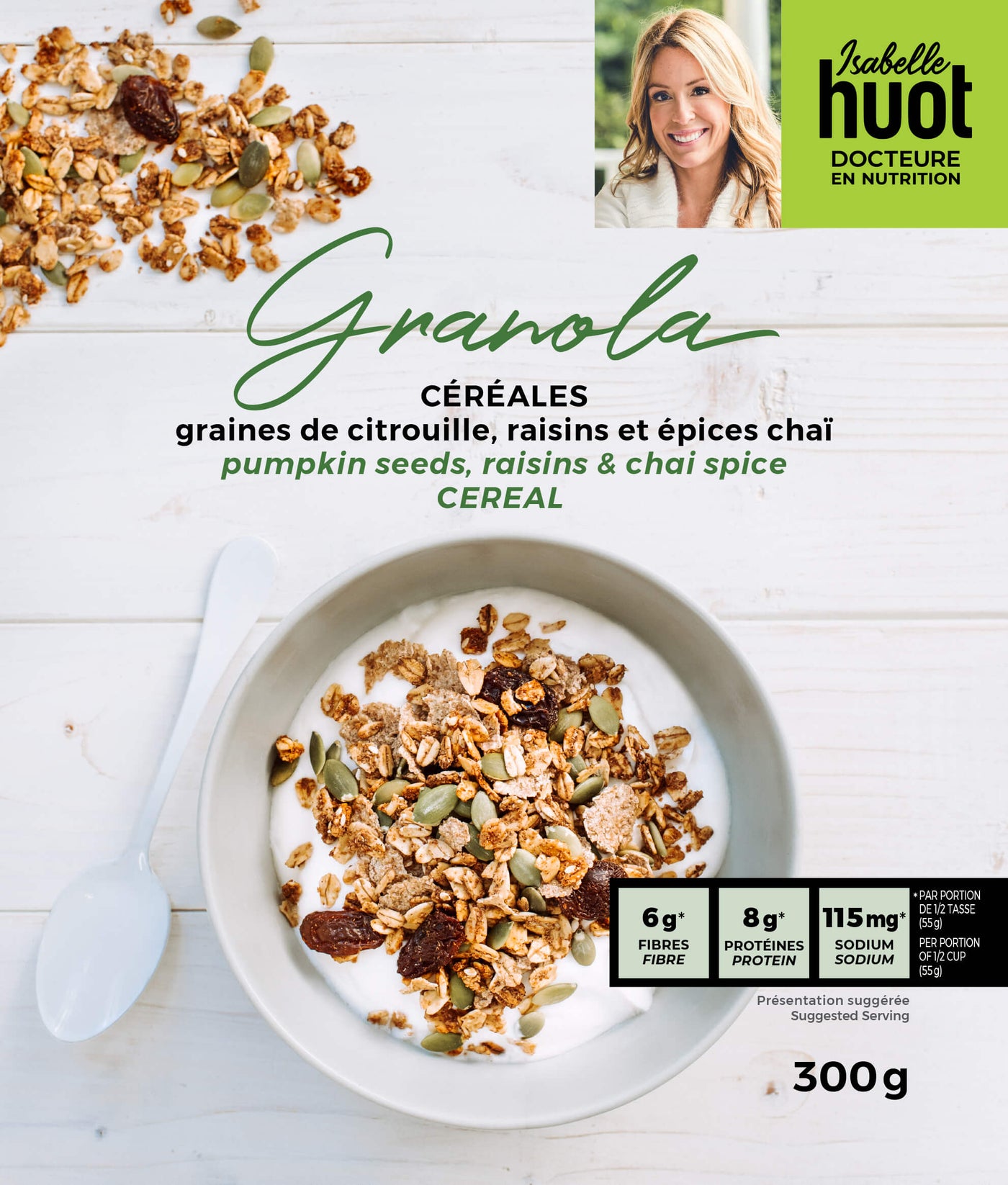 photo de l'emballage du granola d'Isabelle Huot. céréales graines de citrouille, raison et épices chaï. Photograph of Isabelle Huot's granola chaï cereal packaging. With pumpkin seeds, raisons and cahi spice. *conçu pour respecter les besoins des personnes atteintes de diabète, d'hypercholestérolémie ou d'hypertension artérielle