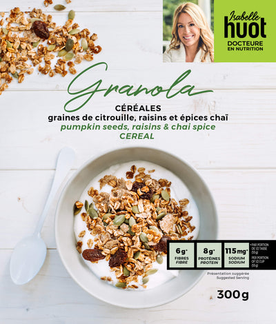 photo de l'emballage du granola d'Isabelle Huot. céréales graines de citrouille, raison et épices chaï. Photograph of Isabelle Huot's granola chaï cereal packaging. With pumpkin seeds, raisons and cahi spice. *conçu pour respecter les besoins des personnes atteintes de diabète, d'hypercholestérolémie ou d'hypertension artérielle