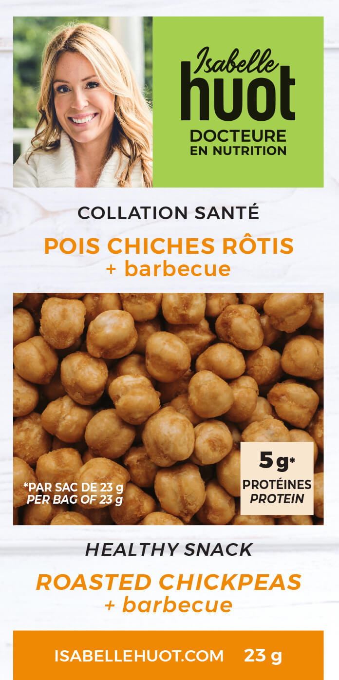 Photo du packaging de pois chiches rôtis BBQ. Une collation santé, parfaite pour les fringales du matin. Distribué par Isabelle Huot, docteure en nutrition. Photograph of the box of Isabelle Huot's chickpeas, healthy snack for anytime during the day.