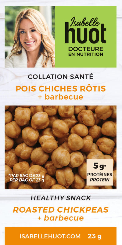 Photo du packaging de pois chiches rôtis BBQ. Une collation santé, parfaite pour les fringales du matin. Distribué par Isabelle Huot, docteure en nutrition. Photograph of the box of Isabelle Huot's chickpeas, healthy snack for anytime during the day.