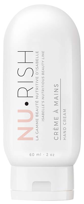 Photo du flacon de crème pour les mains NU•RISH une gamme beauté nutritive fait à 98% d'ingrédients d'origine naturelle, végane, et non testé sur les animaux. Photo of the bottle of NU-RISH hand cream, a nourishing beauty line made with 98% natural ingredients, vegan, and not tested on animals.