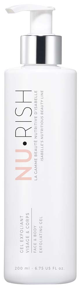 Photo du gel exfoliant, composé à 98% d'ingrédients d'origine naturelle, végane, et non testés sur les animaux. Photo of the exfoliating gel, composed of 98% of ingredients of natural origin, vegan, and not tested on animals.