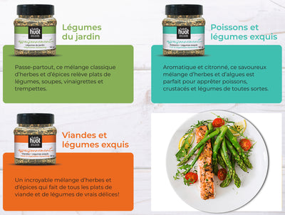 Image avec les 3 assaisonnements d'Isabelle Huot ainsi qu'une description pour chacun. Image of all 3 seasoning products of Isabelle Huot and some description of each of them.