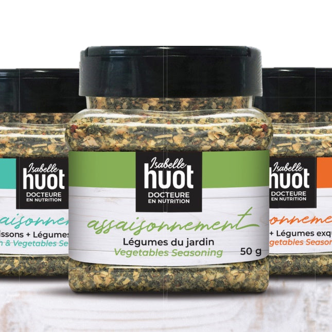 Photographie des 3 types d'assaisonnements proposés par Isabelle Huot, légumes du jardin, poissons et viandes. Photograph of the 3 types of seasonings offered by Isabelle Huot, garden vegetables, fish and meat.