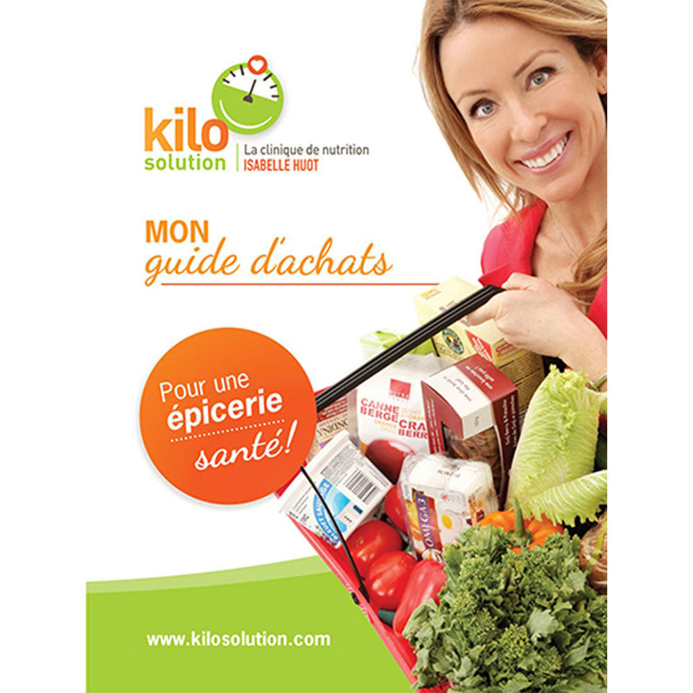 Photo de la couverture du livre d'Isabelle "mon guide d'achats pour une épicerie santé!" avec une photo d'Isabelle Huot sur la droite de la couverture, tenant un panier d'épicerie rempli de légumes et autres produits.