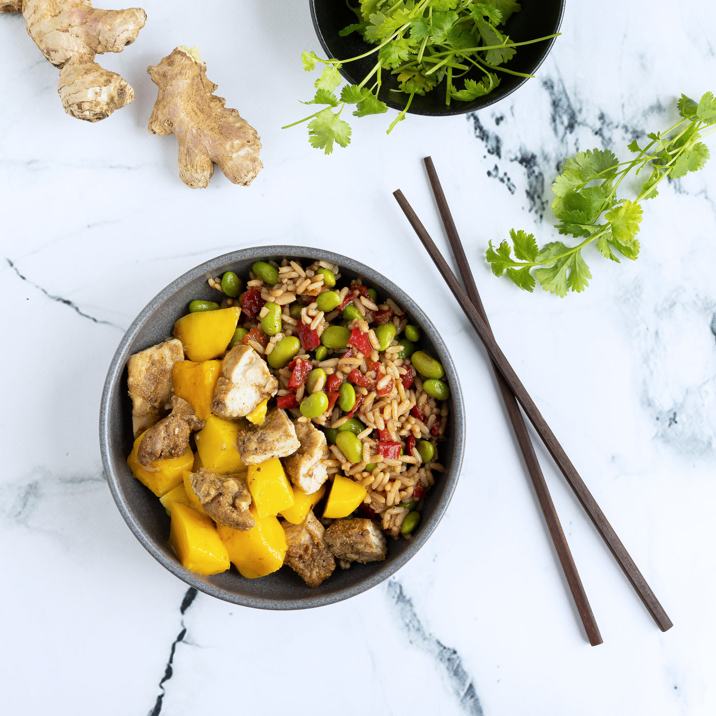 Photo d'un bol-repas au poulet. Servi avec de gros cubes de mangues et d'un riz assaisonné avec des poivrons rouges et des edamames. Aux côtés du bol sont déposées de la coriandre et des racines de gingembre frais. / Photo of a chicken meal bowl. Served with large mango cubes and rice seasoned with red peppers and edamame. At the sides of the bowl are placed cilantro and fresh ginger roots.